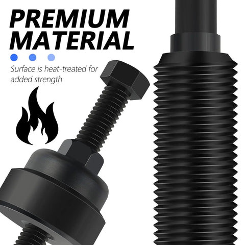 Heavy Duty Carbon Steel Power Steering Pump Pulley Removal Tool Set showing heat-treated threads and black finish for durability.