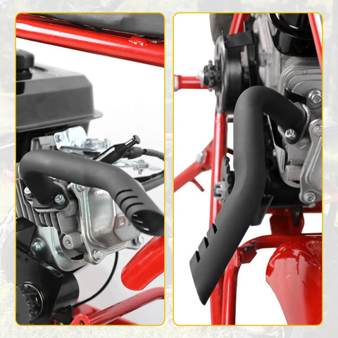 Exhaust Bolt-On Pipe Jet Kit for Predator 212Cc 224Cc and 196Cc Engines, installed on a mini bike engine, side and close-up view