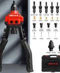 Wetols 3 In 1 Rivet Nut Gun Tool Kit With Reamer And Mandrels fastening hardware close-up, showing tool with multiple nozzles.