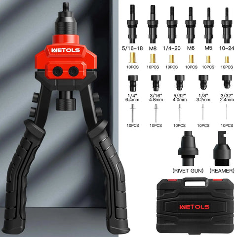 Wetols 3 In 1 Rivet Nut Gun Tool Kit With Reamer And Mandrels fastening hardware close-up, showing tool with multiple nozzles.