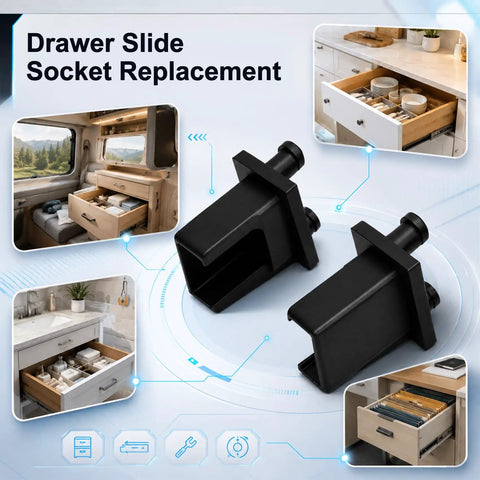 Heavy Duty 2 Pack Drawer Slide Socket Replacement Kit for cabinet repair, featuring sturdy black steel connectors for smooth drawer operation.