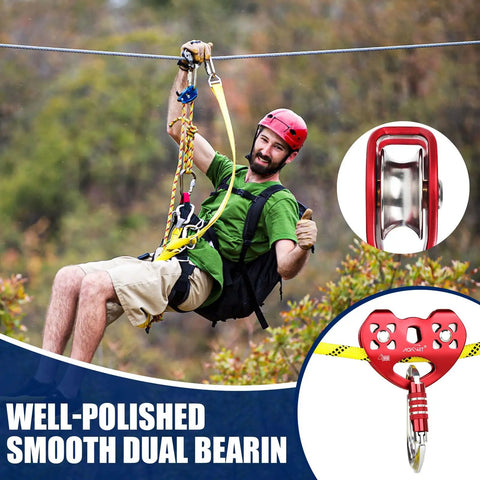 Dual Tandem Zip Line Pulley For 8 To 13mm Rope used in action by a man ziplining, close-up of stainless bearings and aluminum alloy shell.