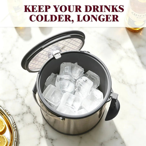 Big Boy 7qt Vacuum Insulated Ice Bucket With Lid And Scoop filled with ice cubes for drinks, heavy duty and perfect for backyard events.