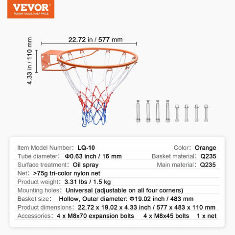 18 Inch Wall Mounted Basketball Rim With Net And Double Spring, Heavy Duty Q235 Steel Replacement Hoop For Indoor And Outdoor Play