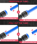 Blue 8Mm OD PU Air Hose Line Kit showing push-to-connect fitting insertion and removal process for quick hookup and setup.