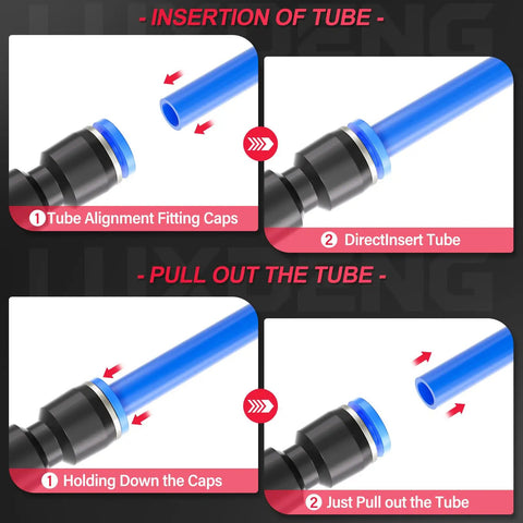 Blue 8Mm OD PU Air Hose Line Kit showing push-to-connect fitting insertion and removal process for quick hookup and setup.