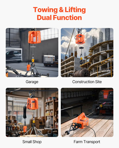 3 In 1 Electric Hoist Winch 1100 Lb Capacity 1500W portable power winch in use at garage, construction site, shop, and farm