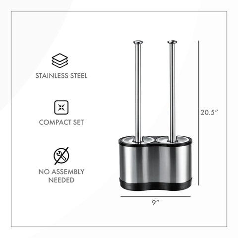 Heavy Duty Toilet Plunger and Brush Combo for Freestanding Stainless Steel Bathroom with compact set dimensions.