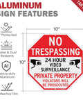 Keep Your Property Locked Tight With These Straight Up Heavy Duty No Trespassing Signs And Video Surveillance Notices Set Of Four Reflective 10 Inch Aluminum Plates With Pre Drilled Holes For No Sweat Fence Mounting: 10 inch aluminum no trespassing sign with video surveillance notice.