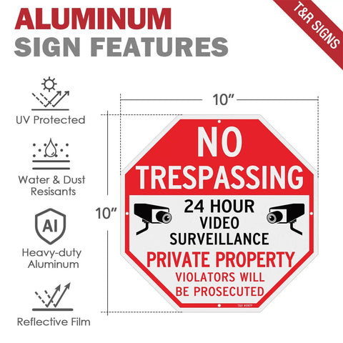 Keep Your Property Locked Tight With These Straight Up Heavy Duty No Trespassing Signs And Video Surveillance Notices Set Of Four Reflective 10 Inch Aluminum Plates With Pre Drilled Holes For No Sweat Fence Mounting: 10 inch aluminum no trespassing sign with video surveillance notice.