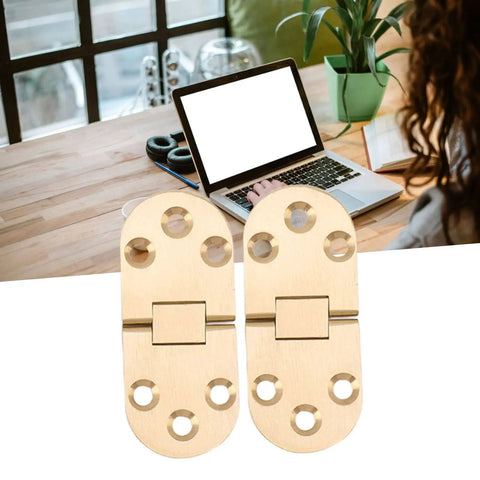 180 Degree Brass Folding Hinge For Folding Tables And Desks, heavy duty, 2.5mm thin profile, displayed in front of laptop.