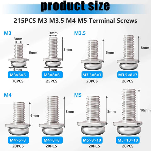 Heavy Duty Terminal Block Screws Kit 215 Pieces M3 M3.5 M4 M5 Nickel Plated With Square Washers For Electrical Panels