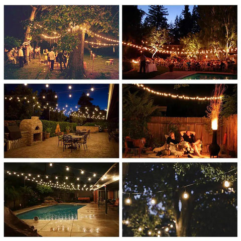 Outdoor string lights illuminating patio and backyard with cozy ambiance, 48 ft RGBW LED, low voltage, shatterproof bulbs, heavy duty