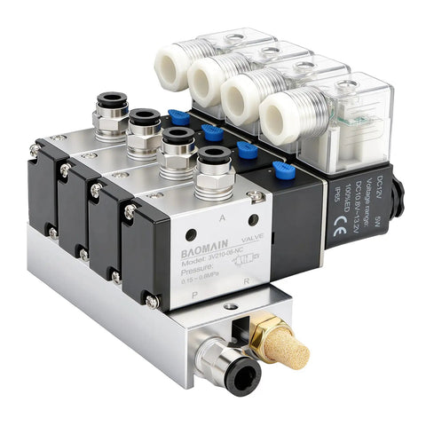 4 Station Solenoid Valve Manifold 12V DC 3 Way 2 Position Pneumatic Air Valve With Four Solenoids, manifold base, mufflers