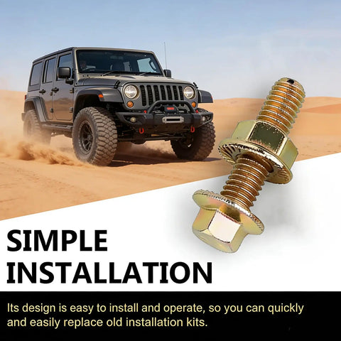 Bulletproof Exhaust Manifold Bolt Kit Built Tough With Grade Eight Carbon Steel Hex Flange Nuts and Screws For Straight Swap Universal Fit Across Cars Trucks And Suvs Automotive Hardware Gold with SUV in the desert.