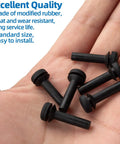 Grate Rubber Feet Replacement for Gas Stove Burners, heat-resistant pads shown in hand, made of modified rubber, 6 pack.