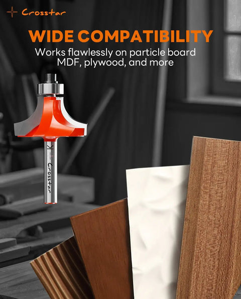 Pro Grade 7 Piece Top Bearing Roundover Router Bit Set With Quarter Inch Shank Carbide Inserts and wood board samples