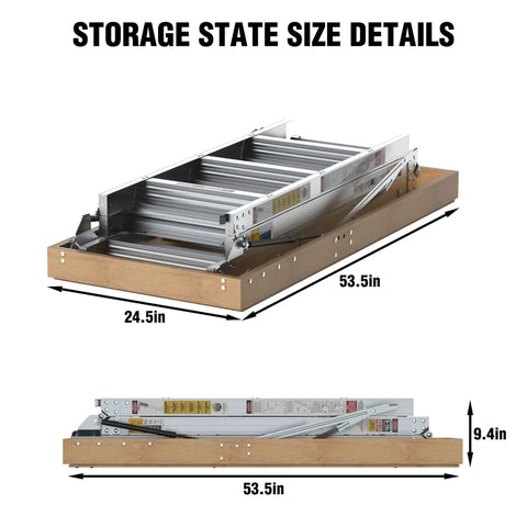 Beefy Heavy Duty Aluminum Attic Ladder 25 By 54 Inch With 375 Pound Capacity Pull Down Access For Ceilings Ranging From 7 Ft 8 In To 10 Ft 3 In Easy Install Durable Construction For Safe Home Storage size details 24.5 x 53.5 x 9.4 in