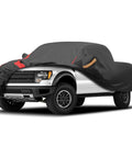 All Weather Waterproof Car Cover For Trucks And SUVs Heavy Duty Outdoor Protector For Chevy Silverado GMC Sierra Ford F150 With UV Sun Shield Snow Rain And Dust Protection partially covering a truck