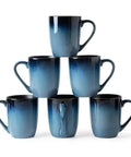 14oz Ceramic Coffee Mugs Set Of 6 With Easy Grip Handle In Ice Snow Blue Glaze With Star Blue Accents And Gold Rim, stacked display