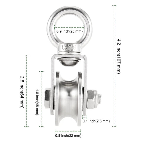 U Type Swivel Pulleys Set of 2, Stainless Steel 304, Duplex Bearings, Super Quiet Detachable Wheel, 360 Degree Rotation, Built Tough Heavy Duty Traction Wheel, Indoor Outdoor Use, 441 Lbs Load Capacity, Rust Resistant, 1.9 in pulley with 0.9 in ring