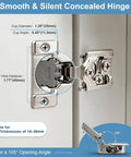 Smooth As Butter Soft Close Cabinet Hinges For Face Frame Doors Half Inch Overlay Concealed Hardware With Quiet Closing Action And Easy Adjustment Five Pack Set For Kitchen Cabinetry, close-up view showing cup diameter and hinge mechanism.