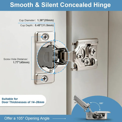 Smooth As Butter Soft Close Cabinet Hinges For Face Frame Doors Half Inch Overlay Concealed Hardware With Quiet Closing Action And Easy Adjustment Five Pack Set For Kitchen Cabinetry, close-up view showing cup diameter and hinge mechanism.