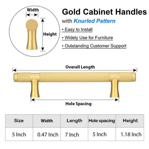 Diagram of gold cabinet handle with knurled pattern, dimensions labeled: 5 inch hole spacing, 7 inch length, for Ten Pack Gold Knurled Cabinet Pulls With 5 Inch Hole Centers 7 Inch Overall Length Brushed Brass Handles For Dresser Cabinets And Wardrobe Slick Modern Hardware To Upgrade Your Space.