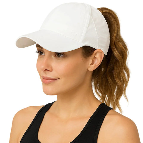 Woman wearing UPF 50 Plus Ponytail Baseball Cap For Women White Size Small Medium With Instant Dry Cooling Tech And Sweat Control To Stay Dry All Day