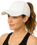 Woman wearing UPF 50 Plus Ponytail Baseball Cap For Women White Size Small Medium With Instant Dry Cooling Tech And Sweat Control, side view