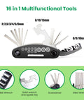 16 in 1 multitool kit from Bike Repair Bag With Tire Pump And 16 In 1 Multitool Kit For Cycling, showing various tool functions.