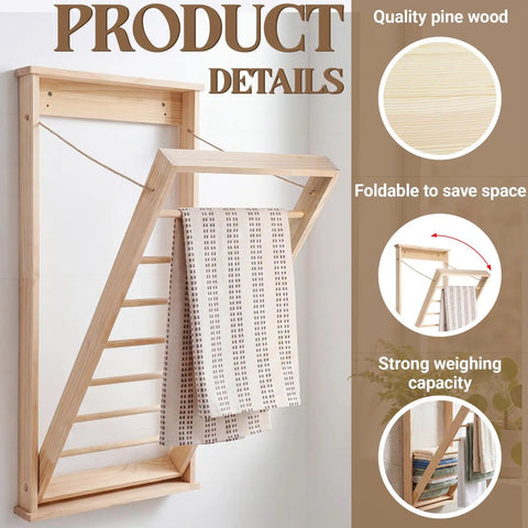 Wall Mounted Foldable Drying Rack With Sturdy Wood Rod, Space Saving Laundry Clothes Hanger For Bathroom Or Mudroom, No Sweat Home Organization Game Changer You Will Love, showcasing quality pine wood and foldable design