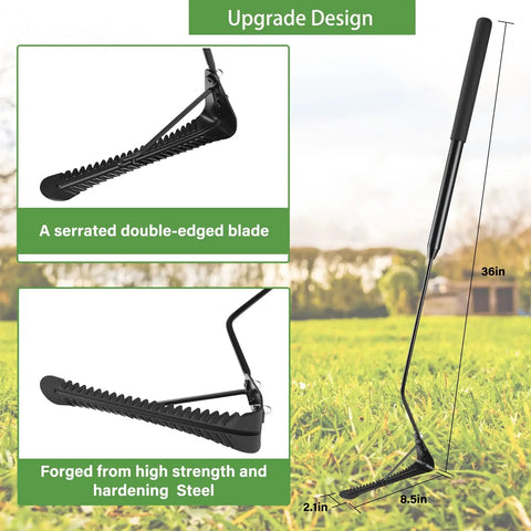 36 Inch Grass Whip With Double Edged Serrated Blade For Tall Grass And Overgrown Weeds Manual Yard Work Tool Swing Blade Weed Cutter For Yards Ditches Forests And Fields, showing 36-inch length with 8-inch serrated blade on grass field