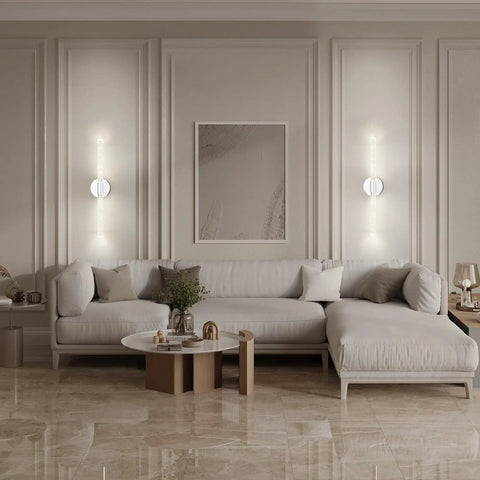 Luxurious living room with Gold Bubble Crystal Wall Sconce With LED Vanity Light, Dimmable Brass Finish Bathroom Wall Lamp Over Mirror.