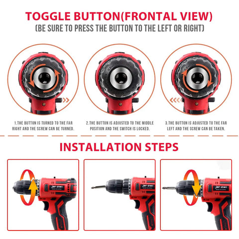 Toggle button instruction for Pink 21V Cordless Drill Driver With Work Light 35Nm Torque Three Eighths Inch Keyless Chuck adjustments