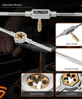 86 Piece Master Tap And Die Kit With Titanium Coating for SAE sizes, shown with adjustable wrench and taper shanks in use.