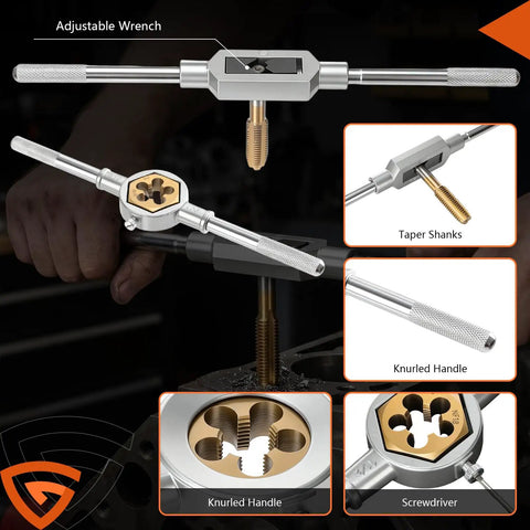 86 Piece Master Tap And Die Kit With Titanium Coating for SAE sizes, shown with adjustable wrench and taper shanks in use.