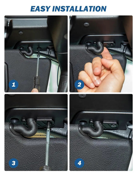 Demonstration of installing Upgraded Sun Visor Repair Kit for Jeep Wrangler JK JL and Gladiator 2018 to 2023, four steps shown.