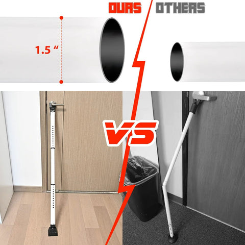 Comparison showing the Two In One Door Security Bar And Sliding Patio Door Stopper Jammer with larger 1.5-inch pipe size against a smaller version, installed on doors.