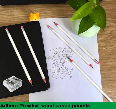 25 Pack Value Woodcase Pencils With Erasers Pre Sharpened Hexagon Graphite 2B For Home And Office Writing Includes Free Sharpener White Great For School Work And Everyday Note Taking, shown with floral sketch and sharpener