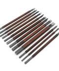 12 Piece Wood Carving Tools Set Featuring Premium Manganese Steel Blades And Solid Grips For Whittling Stamp Engraving And Wood Crafting, showcasing various blade shapes.