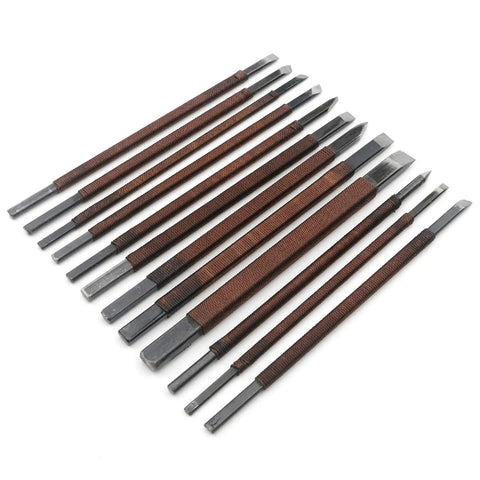 12 Piece Wood Carving Tools Set Featuring Premium Manganese Steel Blades And Solid Grips For Whittling Stamp Engraving And Wood Crafting, showcasing various blade shapes.