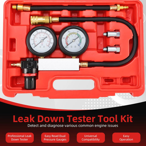 8MILELAKE cylinder leak-down tester kit with dual gauges, red case, hoses and brass fittings (front view)