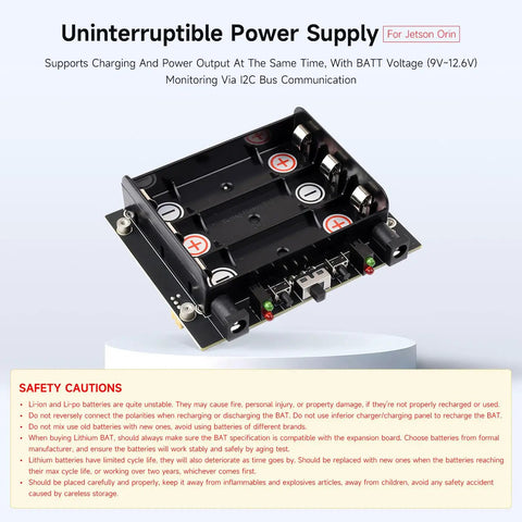 Uninterruptible Power Supply UPS Module for Jetson Orin showing battery slots with pogo pin connector and I2C monitoring.