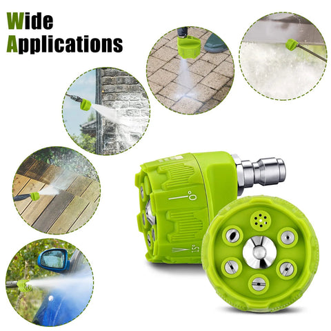 Two green 6-in-1 pressure washer nozzles with 1/4 inch quick-change, 4000 psi; close-up of the nozzle head
