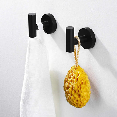 Sturdy Stainless Steel Towel And Robe Hooks Wall Mount Set Satin Matte Black Rust Proof SUS 304 Bathroom Hook Rack For Shower And Kitchen Durable Wall Hanging Hooks 2 Pack with towel and sponge hanging