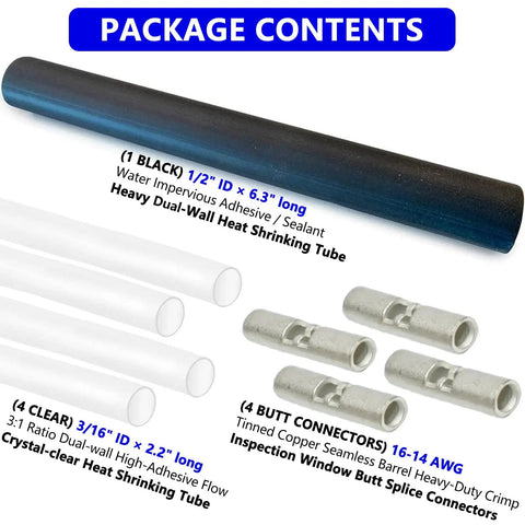 Get This Heavy Duty Underground Wire Splice Kit For Submersible Pumps Featuring Clear Dual Wall Heat Shrink And Black Outer Sleeve To Seal 16-14 Awg Four Conductor Cords Waterproof And Repair Electrical Connections With Ease. package contents with 6.3 in black heat shrink, clear tubes, butt connectors
