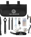Bike Repair Bag With Tire Pump And 16 In 1 Multitool Kit For Cycling, Portable Waterproof Tool Bag With Mini Pump, Glueless Puncture Kit, Tire Levers, Allen Wrenches And All In One Bike Repair Essentials displayed with tools and bag