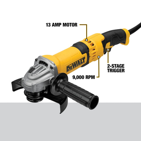 Beefy 13 Amp Angle Grinder With Dust Ejection System, shown with side handle and trigger, displaying label specifications.