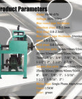 1.5KW Electric Pipe Bender 110V 60Hz Loaded With 9 Round And 8 Square Dies displays product parameters on a green machine.